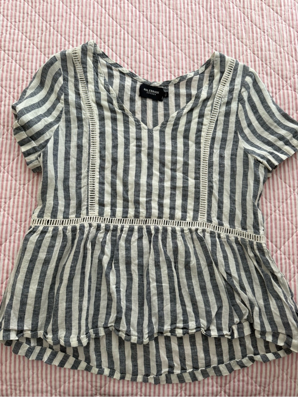Striped V-Neck Peplum Tunic in Blue and White